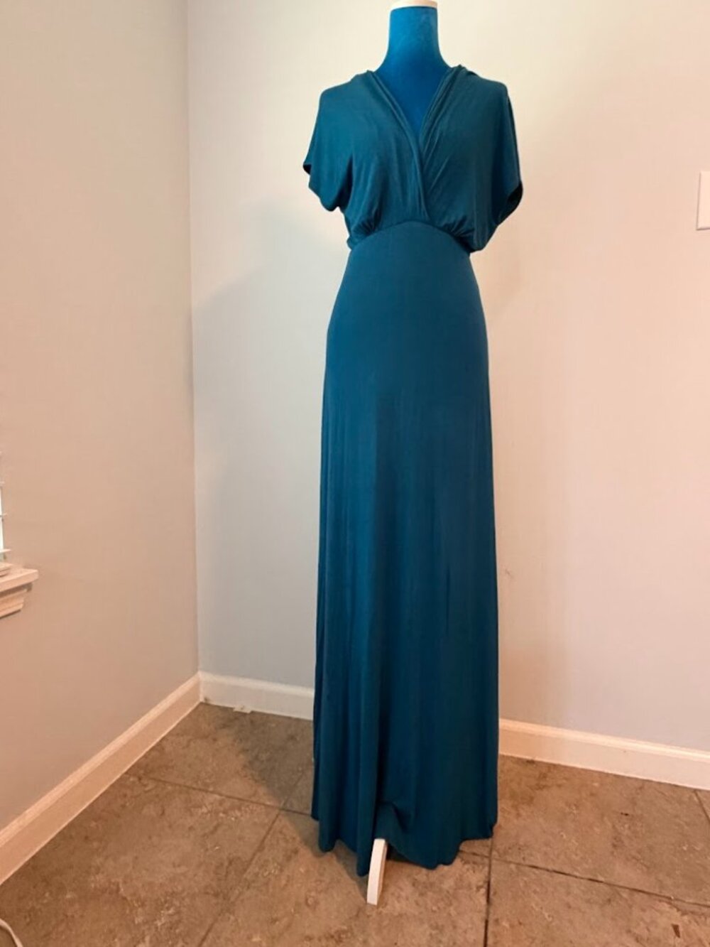 24seven Teal Maxi Dress Empire Waist V Neck Rayon Spandex Size M